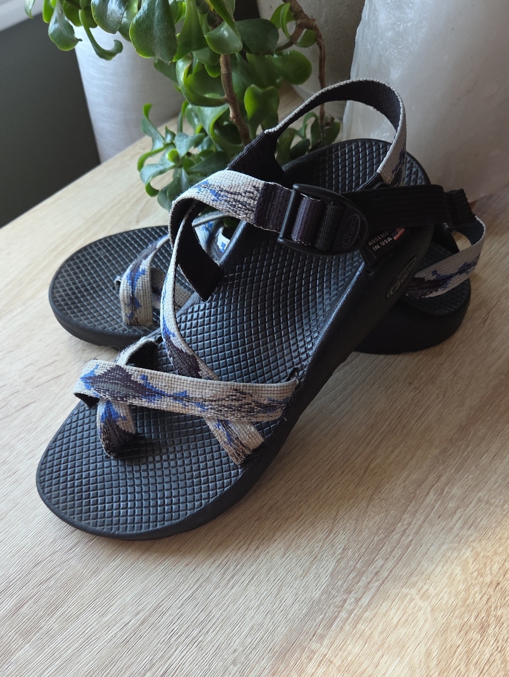 Chaco Women's Black Sandals with Blue and Tan Patterned Straps